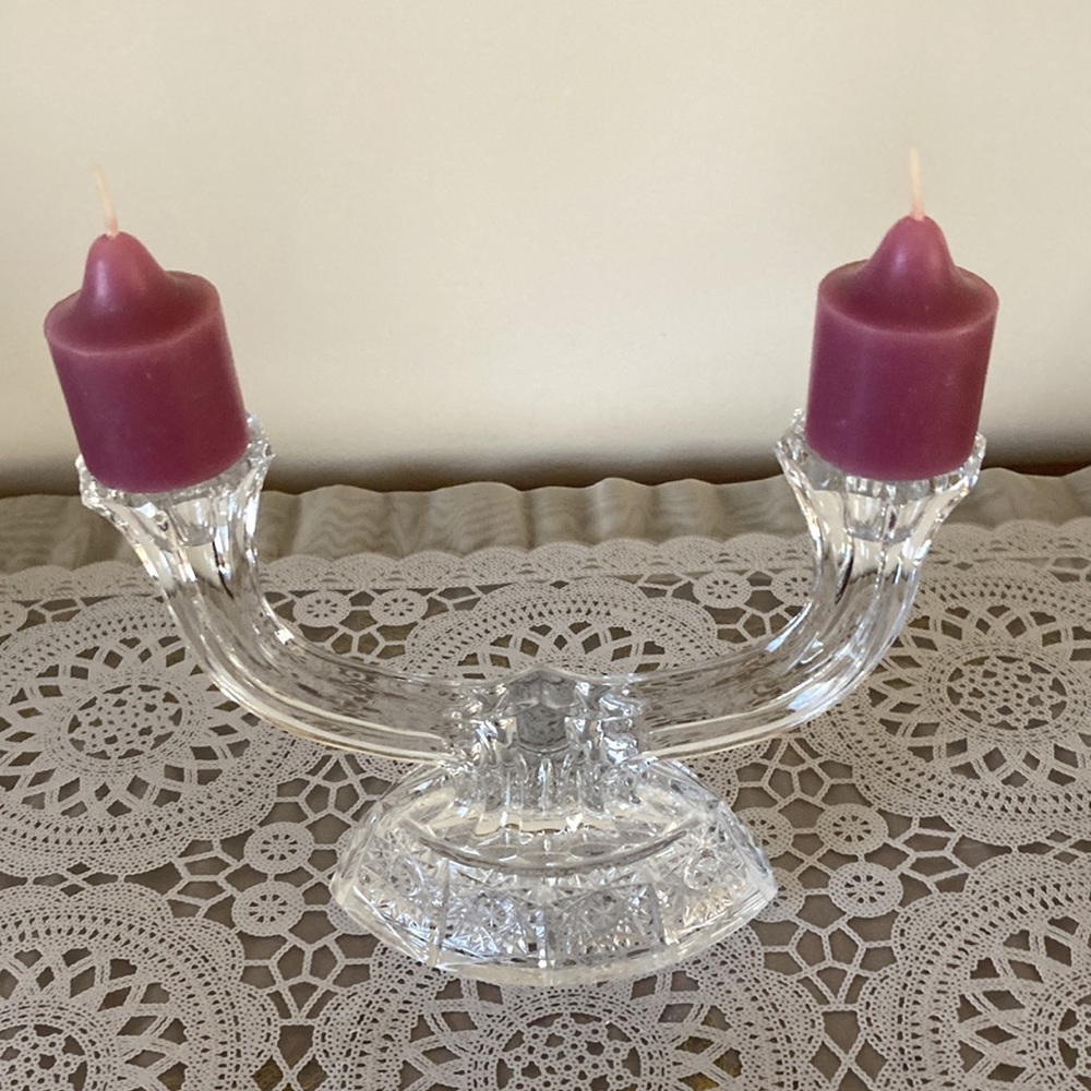 Crystal Glass Double Candle Holder with Plum Candles